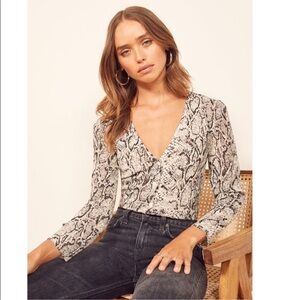 Reformation Snake Print Wrap Top in Black and Cream